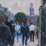 Summer visitors to Trinity College, Fergal Flanagan, oil on board Antique Art
