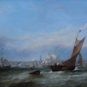 Attributed to Samuel Walters (1811-1882), Pilot sloop navigating the river Mersey before the port of Liverpool, oil on canvas. Antique Art