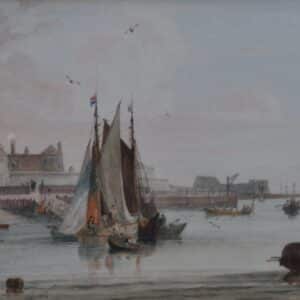 Samuel Owen, signed watercolour, boats off a jetty Antique Art