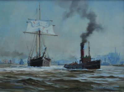 George Shaw (1929-1989), Topsail Schooner coming to Cherry Garden Pier, Rotherhithe, signed oil on canvas
