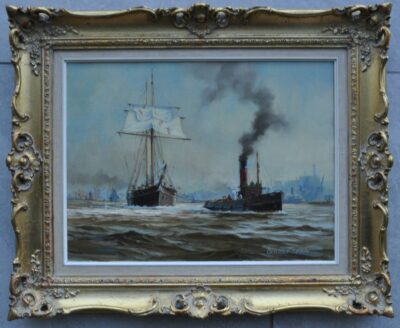 George Shaw (1929-1989), Topsail Schooner coming to Cherry Garden Pier, Rotherhithe, signed oil on canvas - Image 2