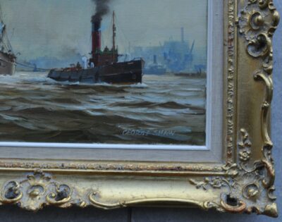 George Shaw (1929-1989), Topsail Schooner coming to Cherry Garden Pier, Rotherhithe, signed oil on canvas - Image 3