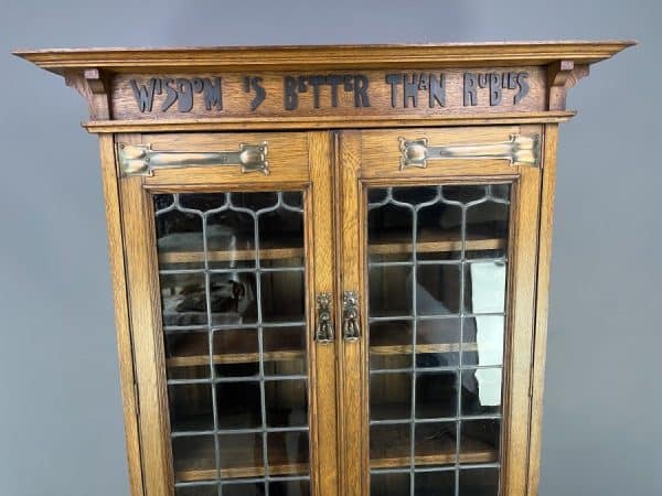 Arts & Crafts Oak Glazed Motto Bookcase c1900 - Image 11