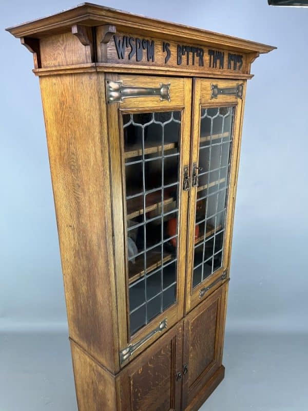 Arts & Crafts Oak Glazed Motto Bookcase c1900 - Image 7