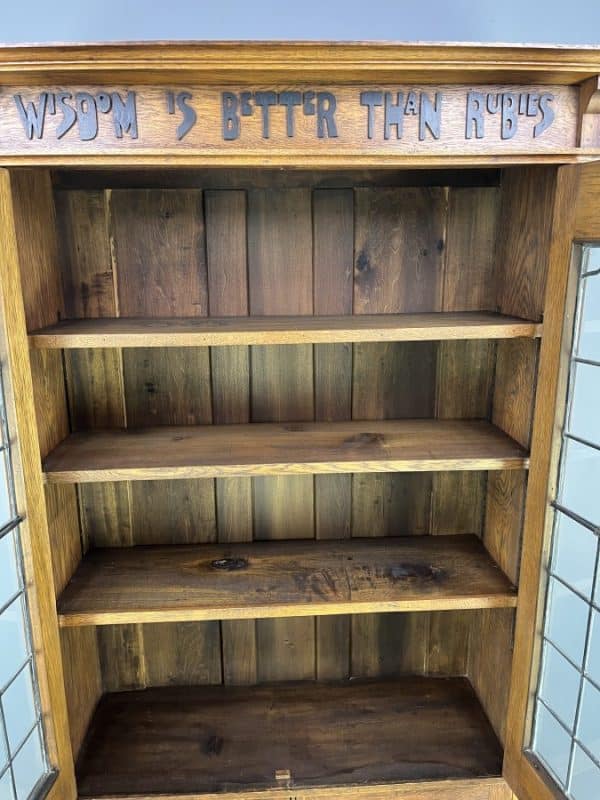 Arts & Crafts Oak Glazed Motto Bookcase c1900 - Image 10