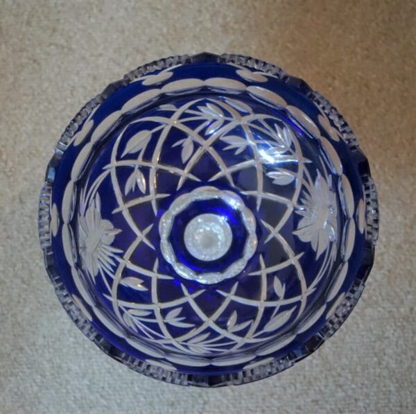 SALE - Large Bohemian Cobalt Blue & Clear Cut Glass Footed Bowl / Punch Bowl - Image 6