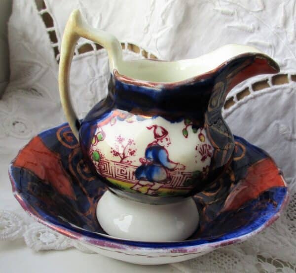 Antique Victorian Gaudy Welsh "Chinoiserie" Pattern Miniature Ewer and Basin - Image 2