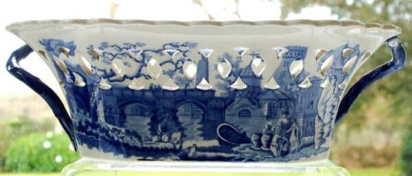 Antique English Georgian Blue and White Transfer Chestnut Basket ~ "River Scene with Fort" ~ James and Ralph Clews - Image 3