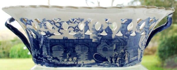 Antique English Georgian Blue and White Transfer Chestnut Basket ~ "River Scene with Fort" ~ James and Ralph Clews - Image 6