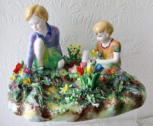 Vintage Crown Staffordshire English Porcelain Figure Group ~ "Picking Flowers" ~ T.M. Bayley - Image 7