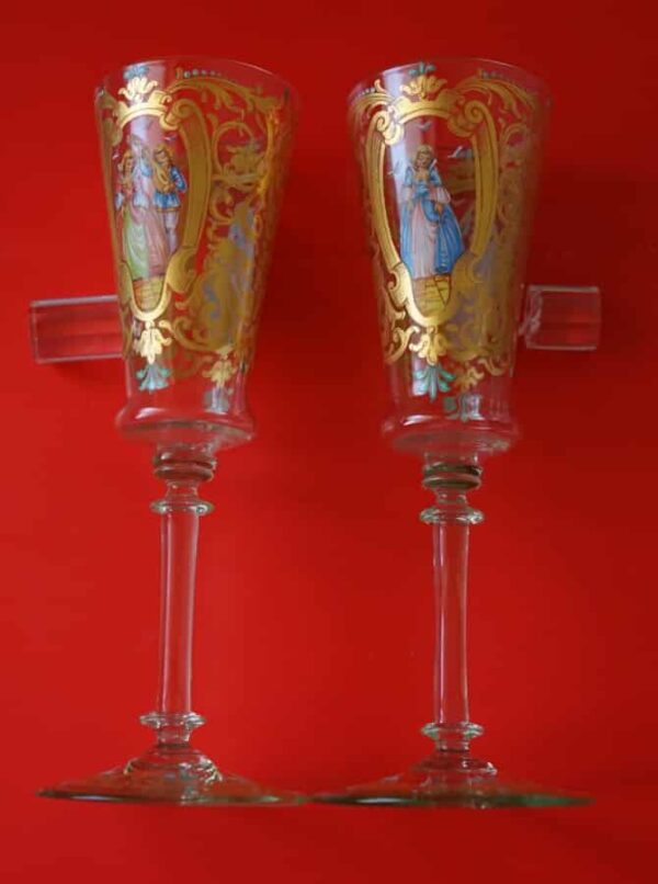 Rare Vintage Pair of 2 Hand Painted Venetian Murano Champagne Flutes