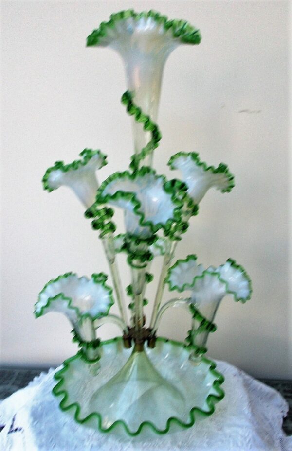 Antique English Victorian White and Green Glass Epergne - Image 3