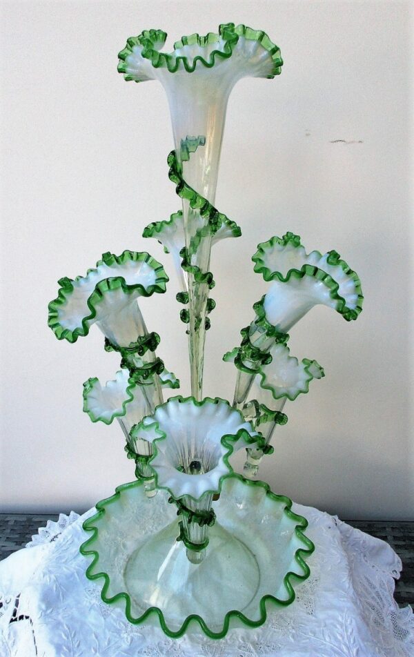 Antique English Victorian White and Green Glass Epergne - Image 4