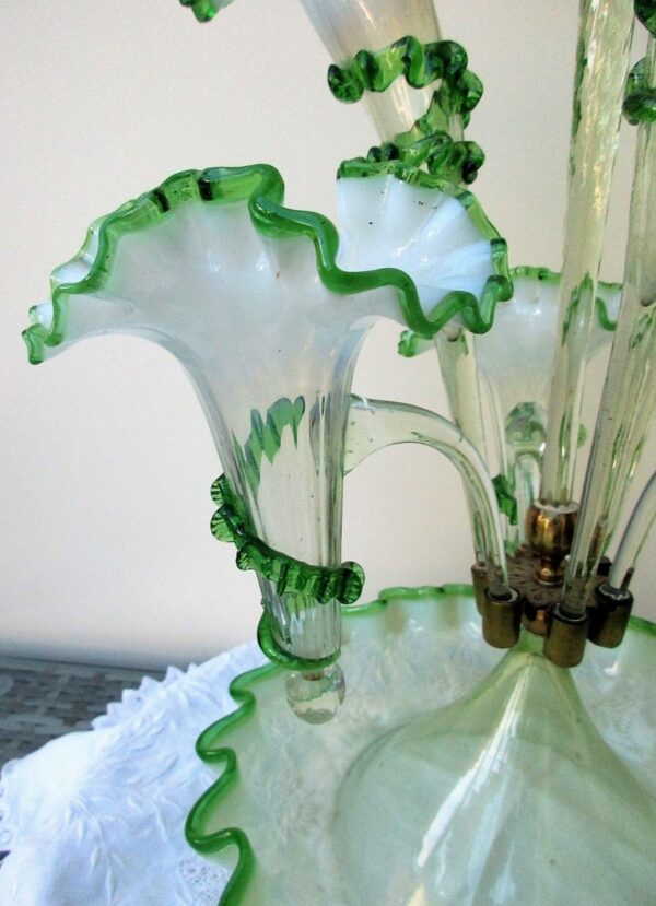 Antique English Victorian White and Green Glass Epergne - Image 6
