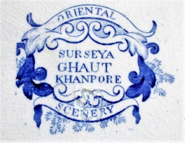 Antique English Georgian Blue and White Transfer Plate ~ "Surseya Ghaut Khanpore" ~ "Oriental Scenery Cartouche" Series - Image 3