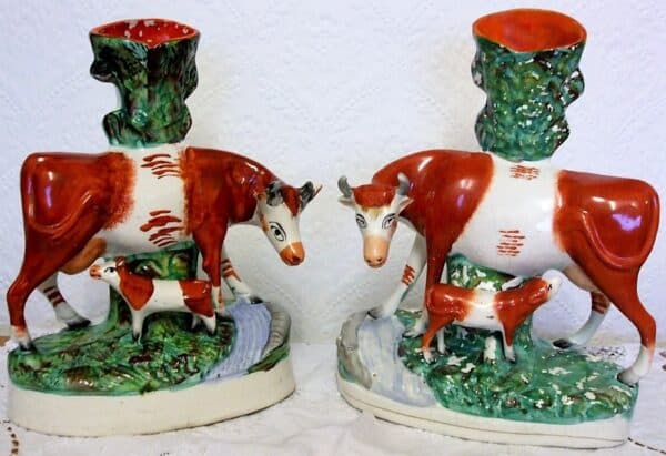 Pair of Antique English Victorian Staffordshire Cow and Calf Pottery Spill Vases ~ H 2893 / H 2894 - Image 2