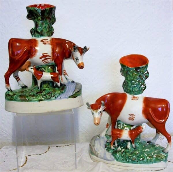 Pair of Antique English Victorian Staffordshire Cow and Calf Pottery Spill Vases ~ H 2893 / H 2894 - Image 3