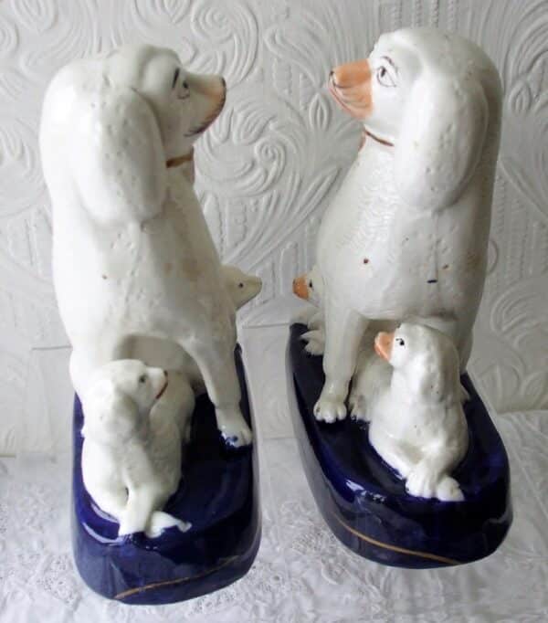 Pair of Antique English Victorian Staffordshire Pottery Poodles with Pups ~ H 2745 - H 2746 - Image 2