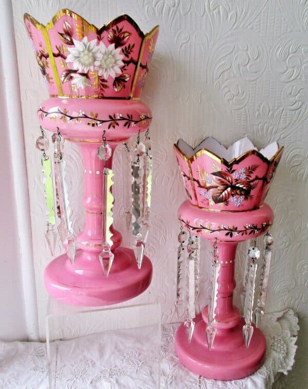 Pair of Antique English Victorian Pink Glass Lustres - Image 2