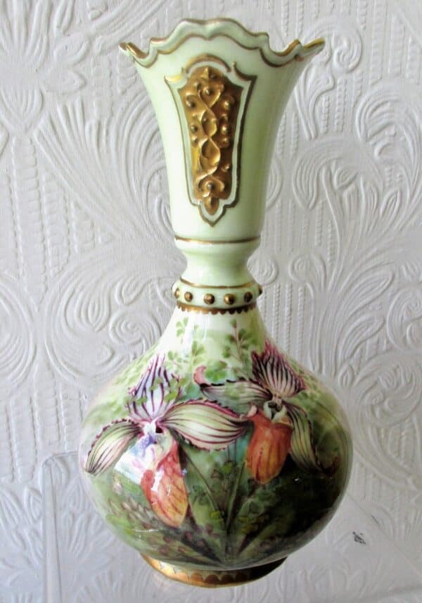 Pair of English Studio Pottery Hand-Painted and Gilded "Persian" Porcelain Vases ~ "Roses and Orchids" ~ Reginald Johnson - Image 3