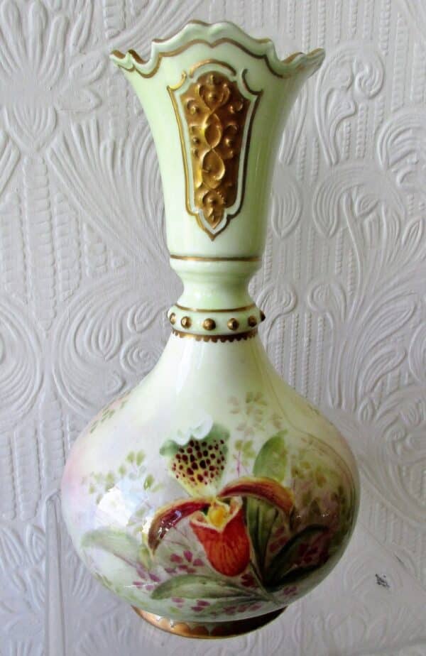 Pair of English Studio Pottery Hand-Painted and Gilded "Persian" Porcelain Vases ~ "Roses and Orchids" ~ Reginald Johnson - Image 5