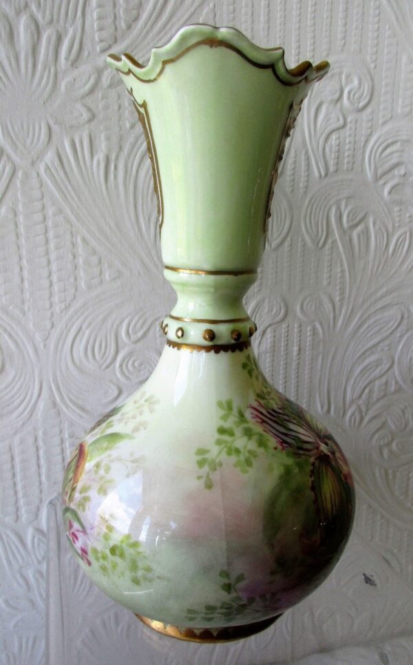 Pair of English Studio Pottery Hand-Painted and Gilded "Persian" Porcelain Vases ~ "Roses and Orchids" ~ Reginald Johnson - Image 6