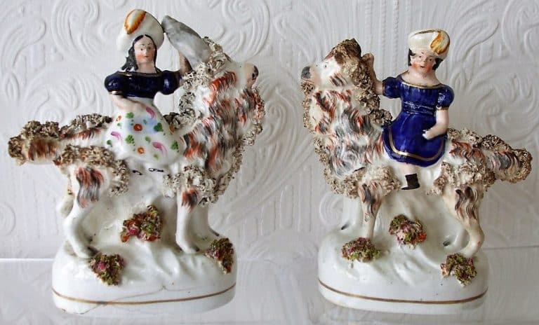 Pair of Antique English Victorian Staffordshire Pottery Royal Portrait Figures ~ “Prince of Wales and Princess Royal on Goats” ~ H 598 / H 599 Antique Antique Ceramics Royal Children on Goats H 598 - 599