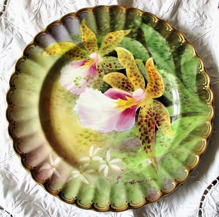 English Porcelain Cabinet Dish ~ “Orchid ~ Trichocentrum Tigrinum” ~ Reginald Johnson dish Vintage Trichocentrum Tigrinum Orchids Dish