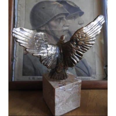 WW2 Italian Bronze Eagle Statue With Mussolini's Silver Medal - Image 3