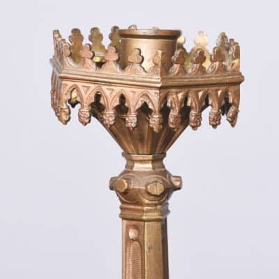 Pair of Gilded Pugin Style Gothic Candlesticks of Architectural Form - Image 2