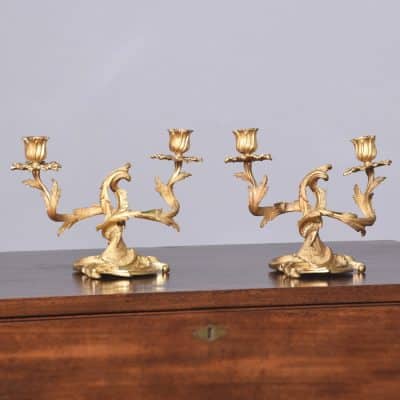 Pair of Exquisite French Ormolu (Gold Covered Bronze) Two Branch Candlesticks of Rococo Style