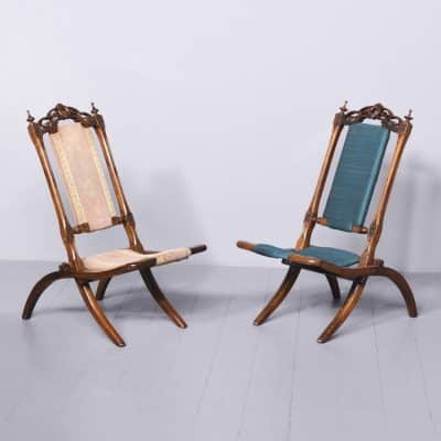 Rare Pair of Folding Victorian Gothic Influenced Carved Walnut Drawing Room Chairs