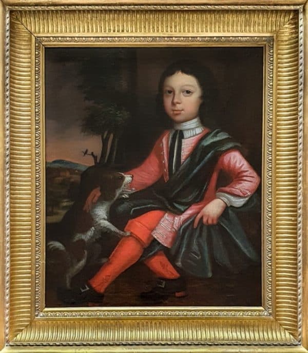 18th Portrait Painting Of Young Boy Sitting With His Pet Spaniel Dog c1720 - Image 2