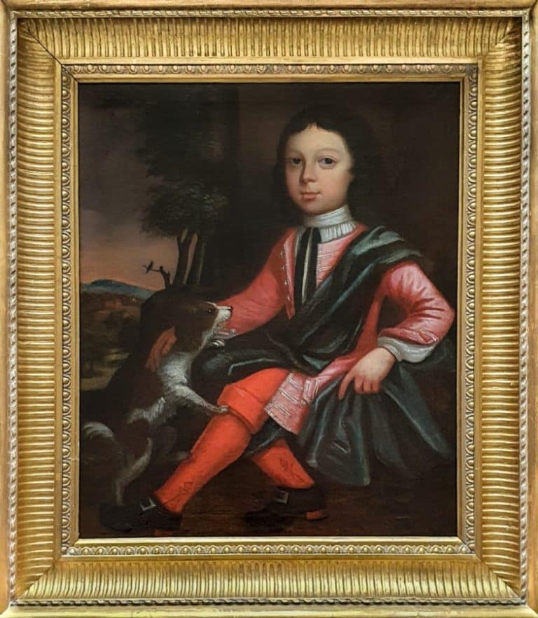 18th Portrait Painting Of Young Boy Sitting With His Pet Spaniel Dog c1720