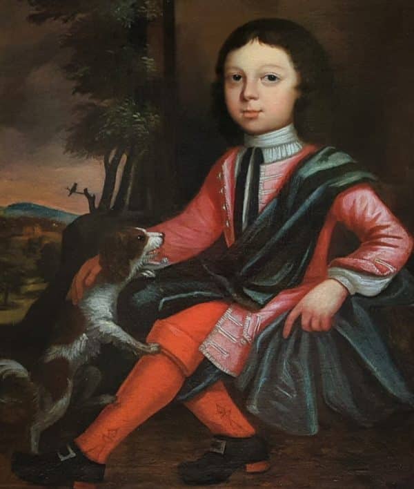 18th Portrait Painting Of Young Boy Sitting With His Pet Spaniel Dog c1720 - Image 3
