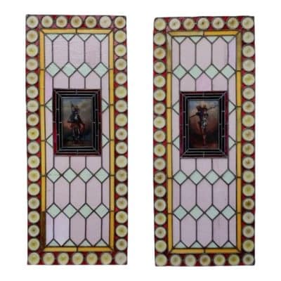 A pair of Antique Stained Glass Depicting a Solider