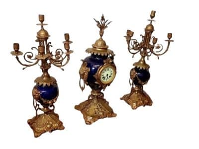19th Century Cobalit Blue French Clock With Candelstick, 3 piece.