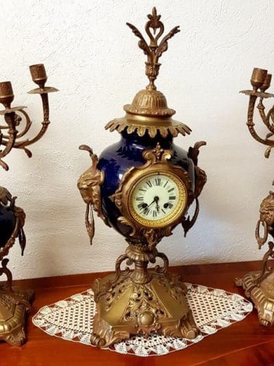 19th Century Cobalit Blue French Clock With Candelstick, 3 piece. - Image 5