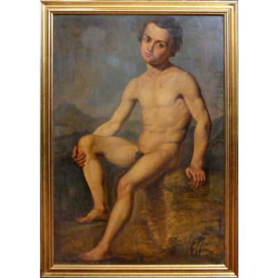 Antique Portrait of Seated MALE NUDE, Restored.