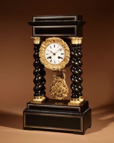 An Original Ebonised and Brass Inlayed French Portico Clock circa:1870