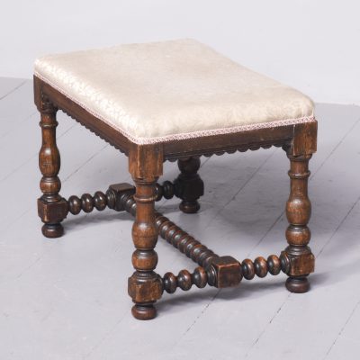 Jacobean-Style Upholstered, Oak Turned-Leg Stool - Image 7