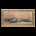 Large Water Colour Painting by Charles Edward Dickson of Shipping In A River Antique Art