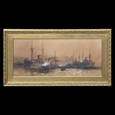 Large Water Colour Painting by Charles Edward Dickson of Shipping In A River