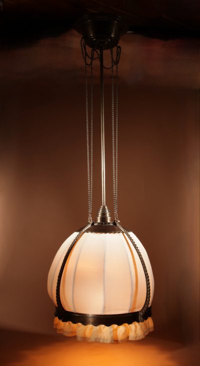 Amsterdam School Art nouveau / Art Deco Stylish Copper And Brass Hanging Light, circa 1900-20. - Image 2