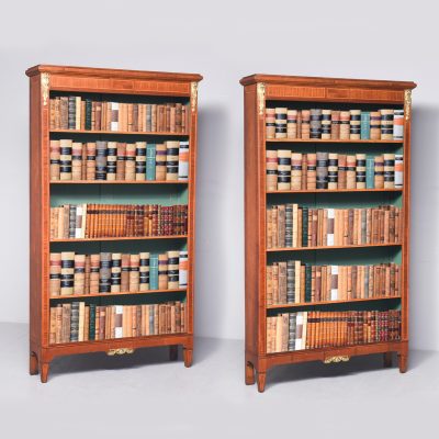 Rare Pair of French Inlaid Mahogany Tall Open Bookcases