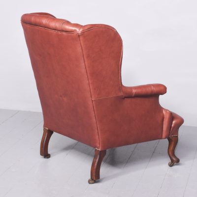 George III Style Button-Back Pale Burgundy Leather Upholstered Wing Chair - Image 8