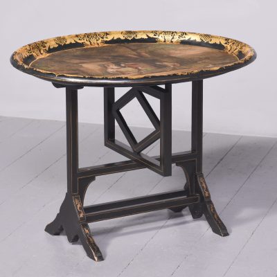 Victorian Oval Hand-Painted Paper Mâché Tray with an Ebonized and Gold Leaf Border - Image 7