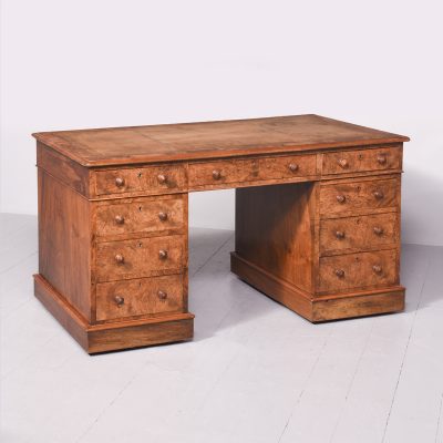 Quality Large Mid-Victorian, Free-Standing Burr Walnut Pedestal Desk