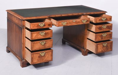 Early Georgian-Style Figured Walnut, Freestanding Kneehole Writing Desk - Image 11
