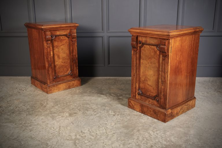 Large Pair of English Figured Walnut Pedestal Cabinets, Circa 1880